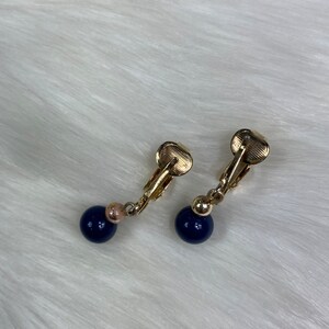 Vintage Gold Tone & Blue Bead Dangle Clip-On Earrings