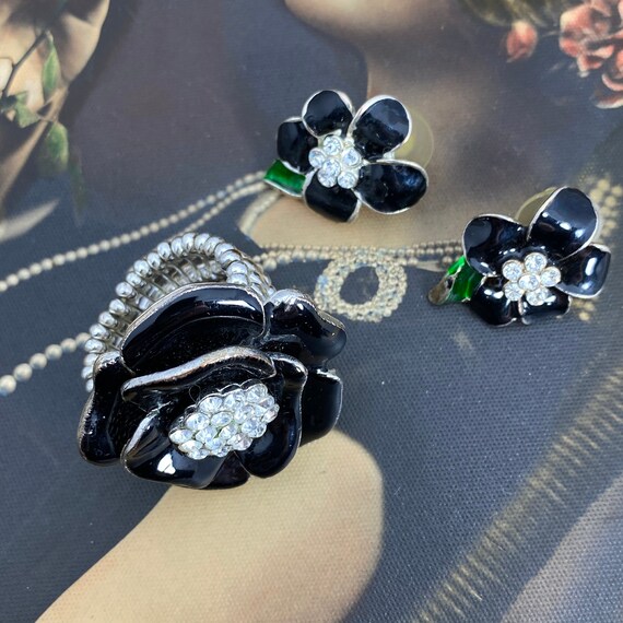 Vintage Black Enamel and Rhinestone Flower Set - image 2