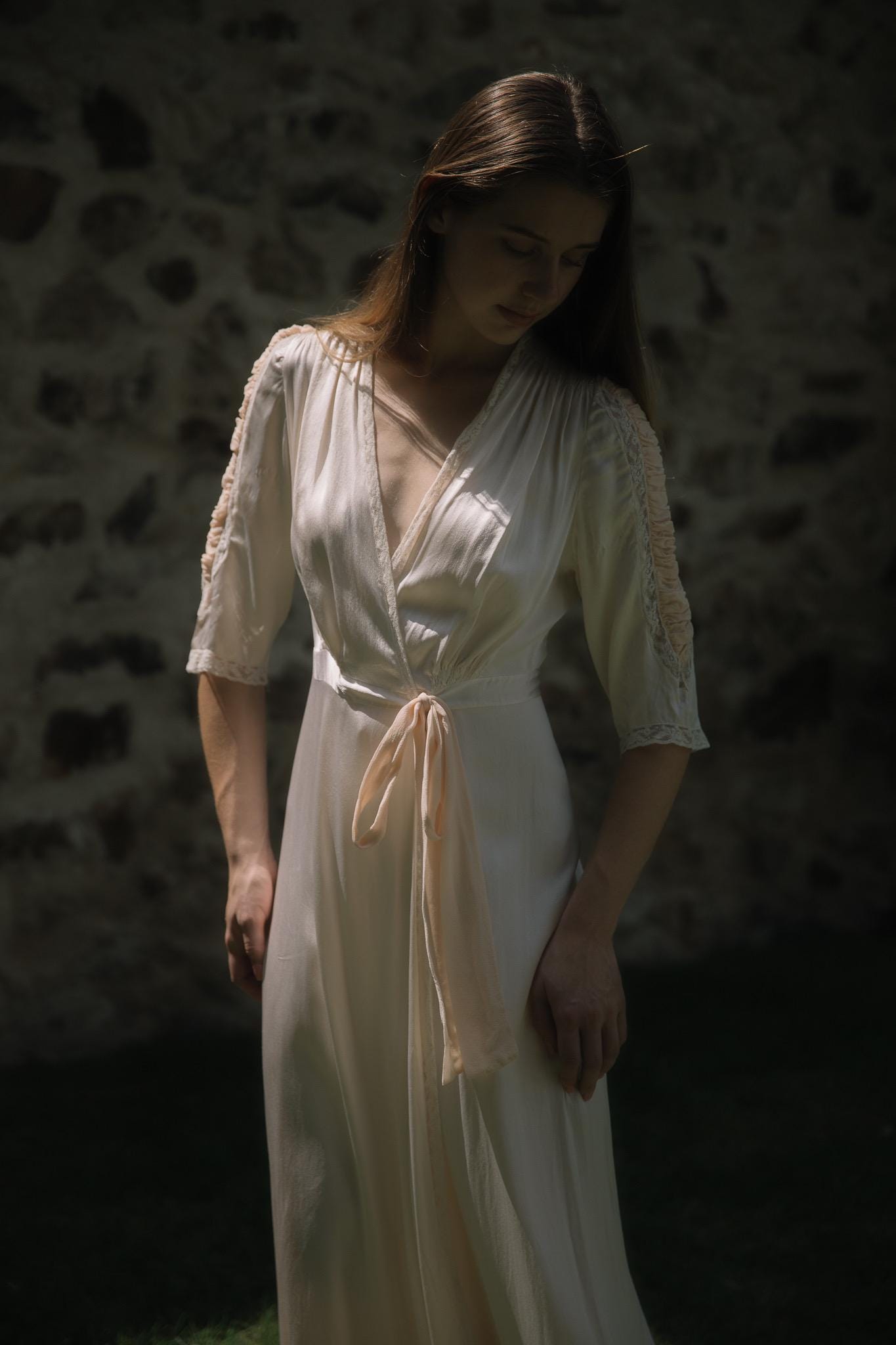 1930s Vintage silk dressing gown robe, peachy pink silk chiffon housecoat lingerie dress