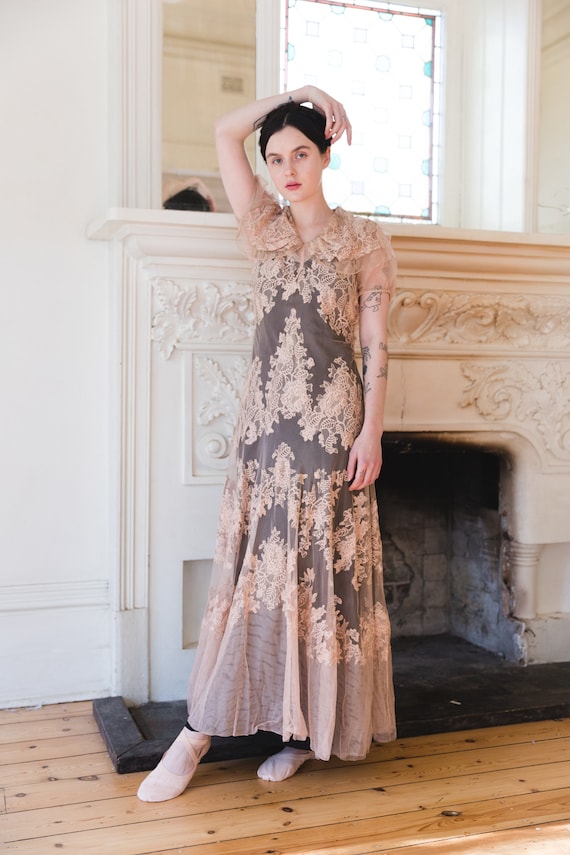 RARE 1930s net lace FOGA label gown antique weddin