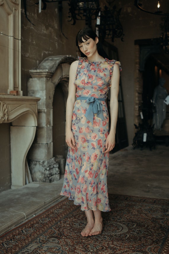 1930s ruffled floral silk chiffon evening dress OO