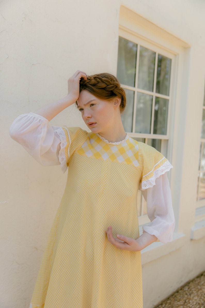 RARE C. 1970s Gina Fratini gingham yellow and eyelet picnic dress English vintage image 6