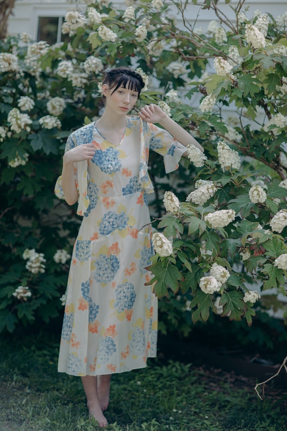 1930s silk printed floral 2 piece dress set M/L si