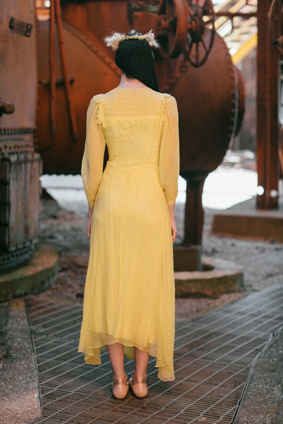 1940s yellow silk chiffon smocked dress OOAK anti… - image 5