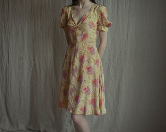 RARE c. 1970s English designer Jeff Banks floral patchwork rayon day dress