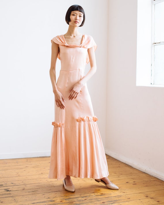 RARE 1930s bias cut baby pink silk ruffled gown OO
