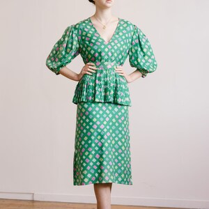 Vintage pure silk printed balloon sleeve accordian pleated dress OOAK rare 1970s 1980s image 4