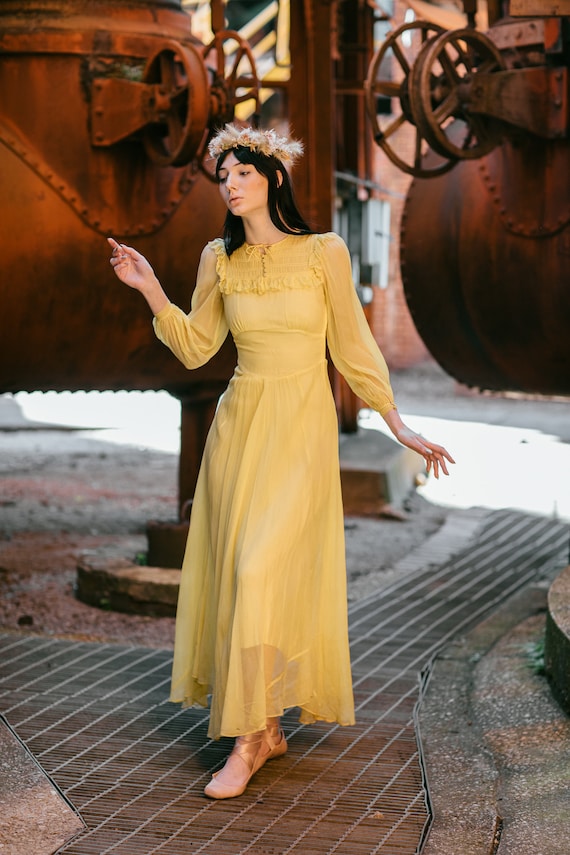 1940s yellow silk chiffon smocked dress OOAK anti… - image 1