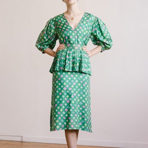 Vintage pure silk printed balloon sleeve accordian pleated dress OOAK rare 1970s 1980s image 1