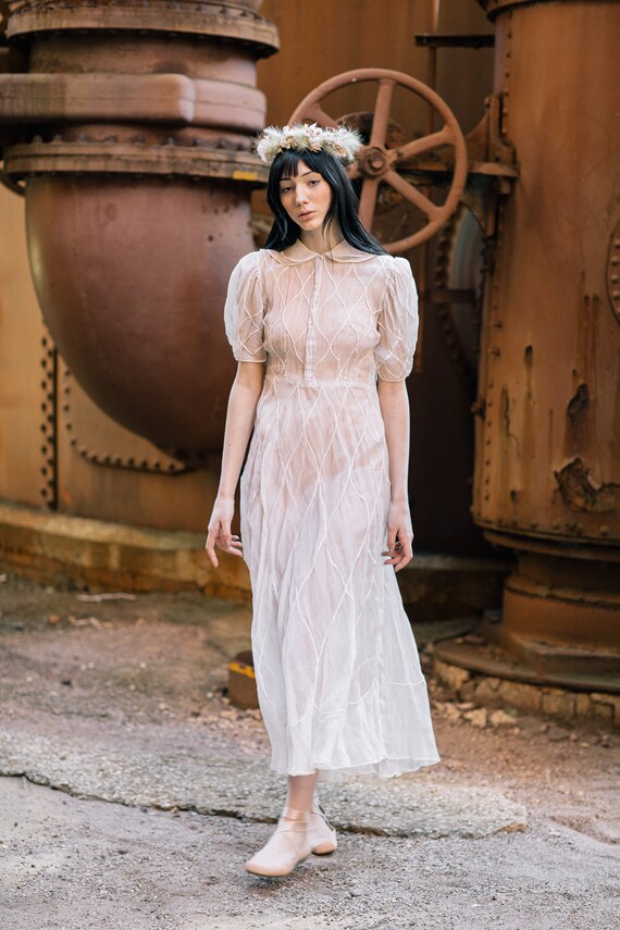 1930s ivory organza puff sleeve dress OOAK Art Dec