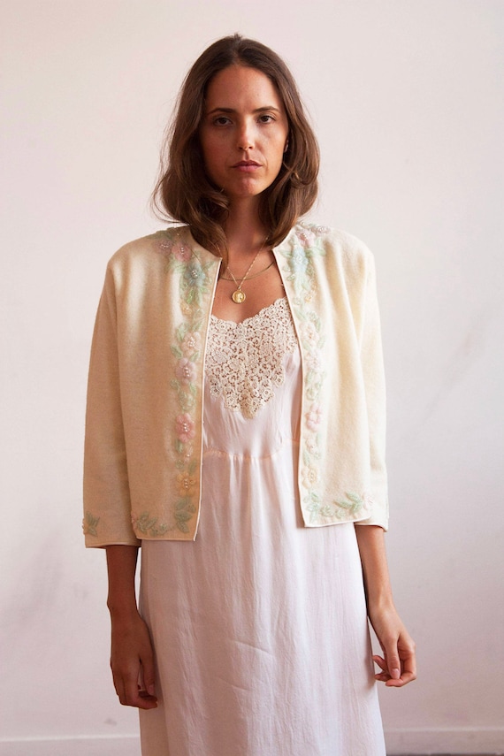 1950s angora and wool floral beaded cardigan