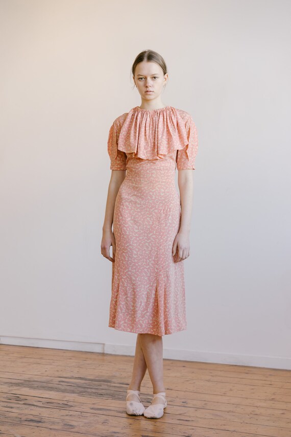 1930s deco printed silk peach day dress OOAK Antiq