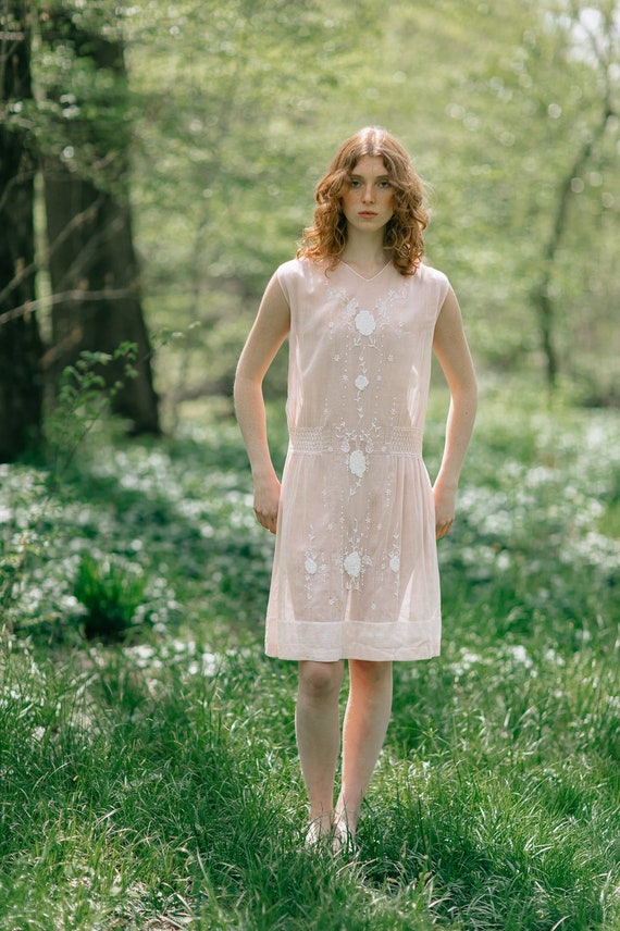 1920s Hungarian cotton embroidered dress baby pink