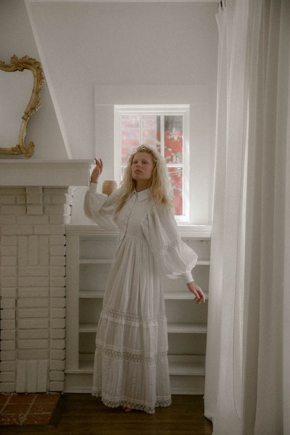 Rare 1960s insertion lace cotton maxi dress OOAK ball… Gem