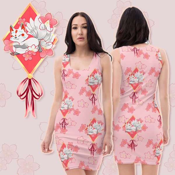 Kitsune Love Slip Dress - a cute Japanese fox and cherry blossoms illustration dress for a cute springtime look