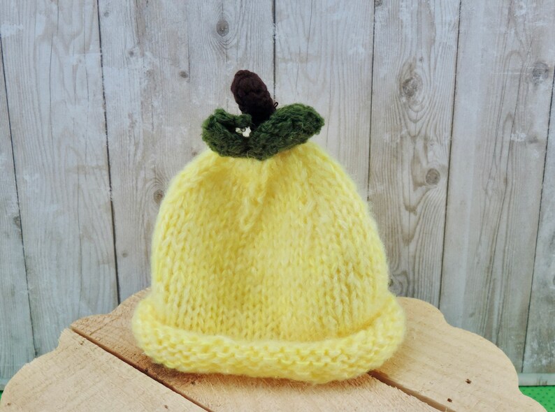 May include: A yellow knitted hat with a green leaf and brown stem on top. The hat is made of soft yarn and has a simple design.