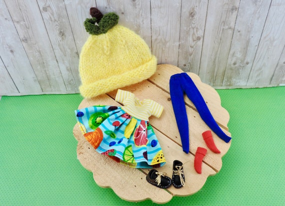 Lemon Fruit Custom Blythe Clothes, Blythe Shoes, Blythe Dress, Blythe Socks, Custom Blythe Outfit, Red Blythe Dress, Overalls