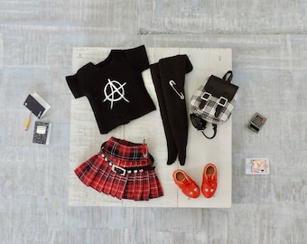 Back to School Punk Rock Custom Blythe Outfit, Blythe tshirt, Blythe Shoes, Blythe Skirt, Blythe Socks, Punk Blythe, Blythe Anarchy Shirt