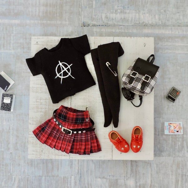 Back to School Punk Rock Custom Blythe Outfit, Blythe tshirt, Blythe Shoes, Blythe Skirt, Blythe Socks, Punk Blythe, Blythe Anarchy Shirt