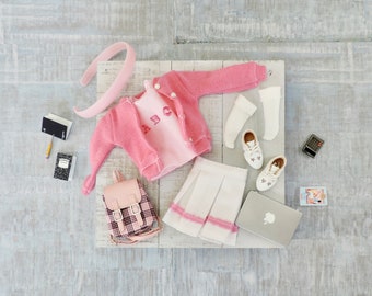 Back to School Preppy Girl Custom Blythe Outfit, Blythe tshirt, Blythe Shoes, Blythe Skirt, Blythe Socks, Pink Blythe, Blythe ABC&#39;s Shirt