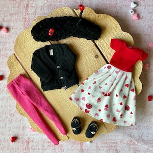 Custom Blythe Ladybug Outfit, Blythe Love Bug Dress, Blythe Black Sweater, Blythe Tights, Blythe Black Cardigan, Blythe Hearts Dress