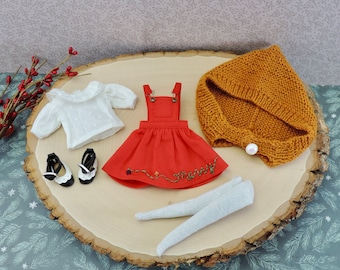 Può includere: Un set di vestiti per bambole con un vestito a salopette rosso e blu, una camicetta bianca, un paio di scarpe nere, un paio di collant bianchi e un cappello di lana marrone.