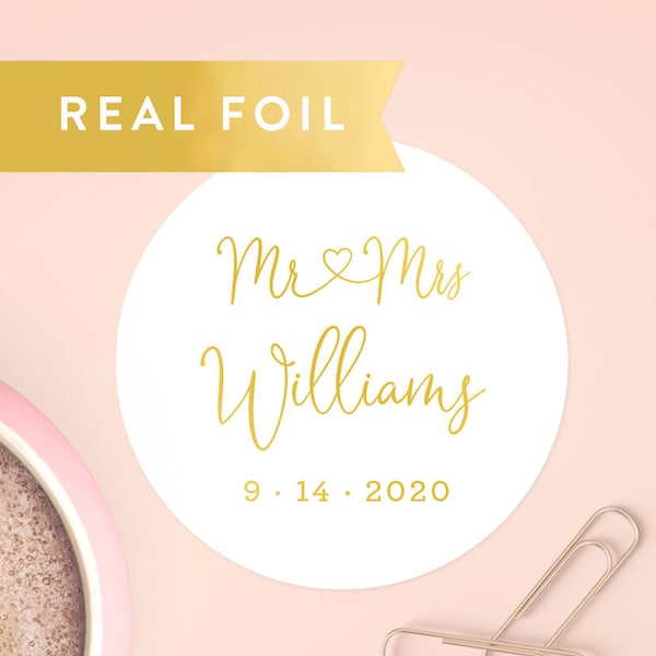 Mr and Mrs Stickers, Personalized Wedding Stickers, Favor Stickers, Gold Foil Wedding Favors, Clear Wedding Stickers, Invitation Seals
