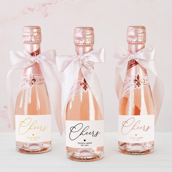 Mini Champagne Labels, Cheers Labels, Wedding Labels, Rose Gold Foil Champagne Label, Mini Champagne Favor Label, Thank You Champagne Labels