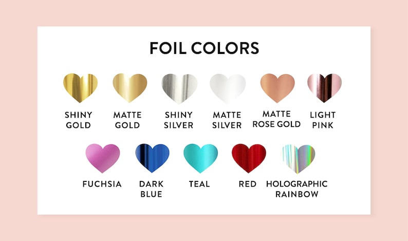 Pu&ograve; includere: Un grafico che mostra diversi colori di lamina per progetti di artigianato. I colori includono oro lucido, oro opaco, argento lucido, argento opaco, oro rosa opaco, rosa chiaro, fucsia, blu scuro, turchese, rosso e arcobaleno olografico.
