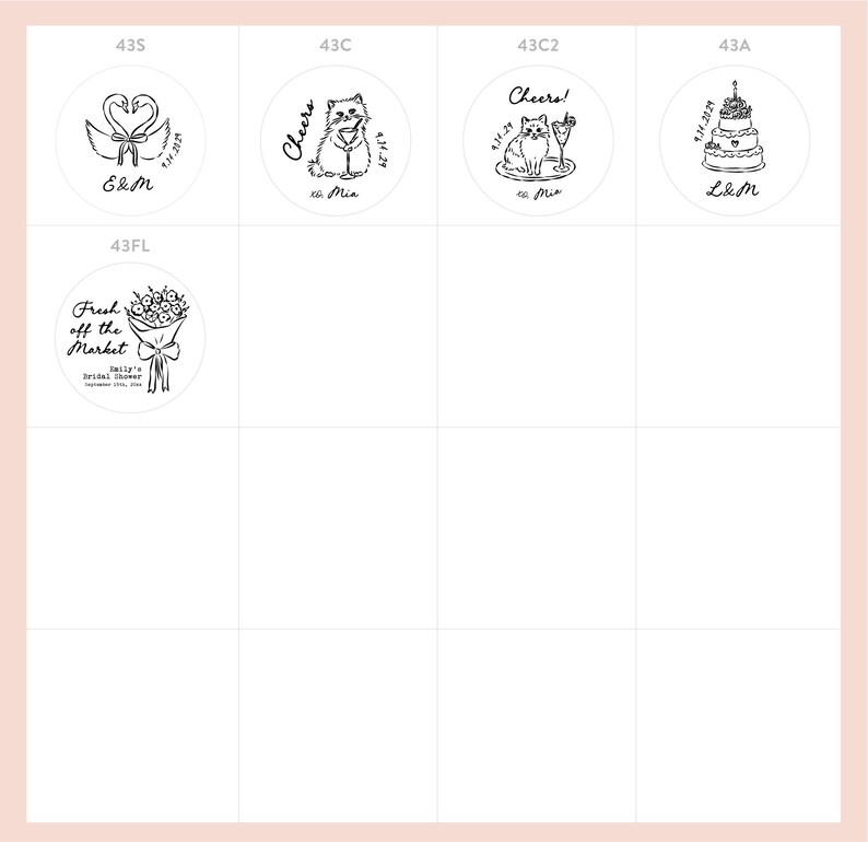 May include: A grid of five circular black and white line art designs. Designs include two swans forming a heart, a cat with a cocktail, a cat with a drink, a tiered cake, and a bouquet of flowers with the text Fresh off the Market.