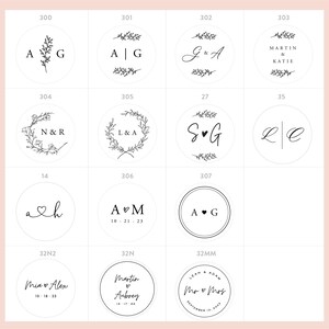 May include: A collection of fourteen circular black and white graphic designs featuring various monograms, names, dates, and botanical illustrations. Each design is labeled with a unique reference number, showcasing diverse typography and layout styles.
