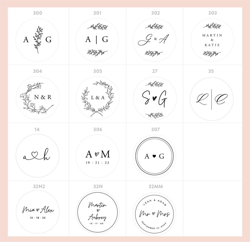 May include: A collection of fourteen circular black and white graphic designs featuring various monograms, names, dates, and botanical illustrations. Each design is labeled with a unique reference number, showcasing diverse typography and layout styles.