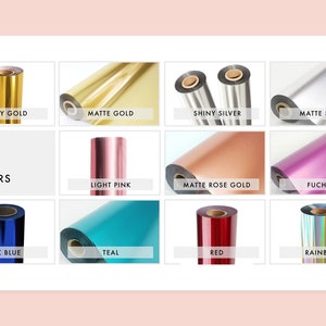Pu&ograve; includere: Un grafico che mostra diversi colori di rotoli di foglia. I colori includono oro lucido, oro opaco, argento lucido, argento opaco, rosa chiaro, oro rosa opaco, fucsia, blu scuro, turchese, rosso e arcobaleno.