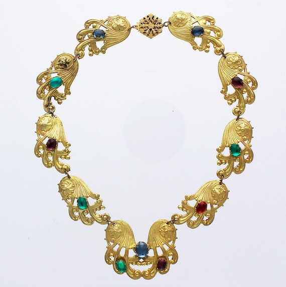 Miriam Haskell Russian Gilt Floral Gemstone Neckla