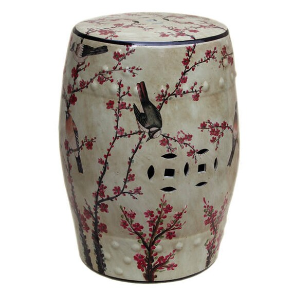 Beige Famille Rose Chinese Porcelain Garden Stool With Magpie Cherry Motif
