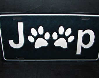 Paw Print Dog Cat White on Black Novelty Metal Vanity Tag License Plate