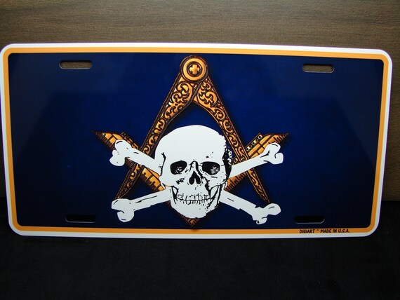 MASONIC FREEMASON EMBLEM AND SKULL METAL ALUMINUM LICENSE PLATE MASON LOGO
