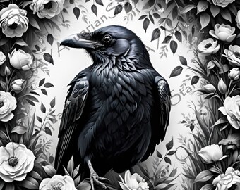 Floral Raven for Laser Engrave/Burn, Glowforge/Lightburn Compatible, Wood Engraving, Digital PNG, Large 13.5" x 13.5" 385dpi Resolution (05)