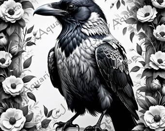 Floral Raven for Laser Engrave/Burn, Glowforge/Lightburn Compatible, Wood Engraving, Digital PNG, Large 13.5" x 13.5" 385dpi Resolution (07)