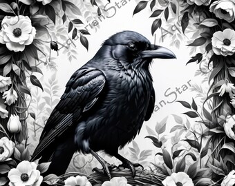 Floral Raven for Laser Engrave/Burn, Glowforge/Lightburn Compatible, Wood Engraving, Digital PNG, Large 13.5" x 13.5" 385dpi Resolution (12)