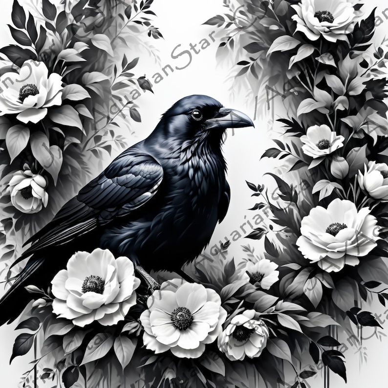 May include: A black raven perched on a branch of white flowers. The raven is facing right and has its wings folded. The flowers are in bloom and have white petals with a black center. The background is white.