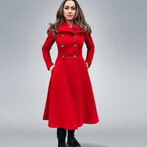 Red Wool Princess Coat, Winter Fit and Flare Coat, Romantic Gothic Overcoat, Plus Size Custom Made Coat, A-Line Ladies Woolen Midi Jacket