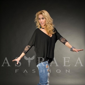 Black Blouse with Lace Sleeves, Plus Size Clothing, Loose Fit Cotton Blouse, Deep V Neck Top, Elegant Black Top, Plus Size Asymmetric Tunic