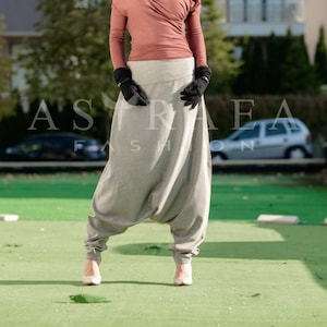 Haremshose Frauen, Wollhose, Hose mit tiefem Schritt, Kleidung in Übergröße, Pumphose, Boho Kleidung, Hose mit weitem Bein, Wolle Lose Hose, Übergröße
