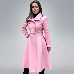 Pink Cashmere Wool Custom Made Coat, Plus Size Princess Cut Coat, Feminine Winter Coat, Bright Pink Dress Coat Women, Fit and Flare Coat