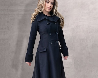 Princess Cut Wool Cashmere Jacket - Maxi Vintage Style Overcoat, Edwardian Walking Cuffed Double-Breasted Coat, Victorian Winter Long Coat