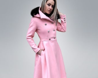 Pink Wool Coat, Swing Hooded Overcoat, Plus Size Princess Coat, Long Winter Peacoat, Custom Midi Pink Coat with Hood, Stylish Gothic Jacket