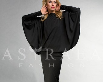 Black Formal Dress, Wedding Guest Dress, Batwing Sleeves, Cocktail Dress, Engagement Party Dress, High End Womenswear, Elegant Dress