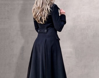 Victorian Coat - US PREPAID TARIFFS- Gothic Princess Coat, Fit and Flare, Black Wool Coat, Maxi Edwardian Coat, Floor Length Coat, Plus Size
