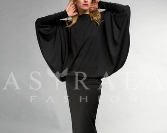 Batwing Dress, Black Maxi Dress with Open Back, Black Formal Dress, Oversized Dress, Blouse Dress, Maxi Dress with Sleeves, Elegant Dress